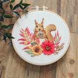 Embroidery Kit For Beginner| Modern Embroidery Kit with Pattern| Flowers Embroidery Full Kit with Needlepoint Hoop| DIY Craft Kit| Squirrel