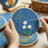 12 Horoscopes Zodiac Embroidery Kit For Beginner|Modern Embroidery Kit with Pattern Flowers Embroidery Full Kit with Wood Hoop DIY Craft Kit