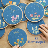 12 Horoscopes Zodiac Embroidery Kit For Beginner|Modern Embroidery Kit with Pattern Flowers Embroidery Full Kit with Wood Hoop DIY Craft Kit