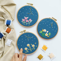 12 Horoscopes Zodiac Embroidery Kit For Beginner|Modern Embroidery Kit with Pattern Flowers Embroidery Full Kit with Wood Hoop DIY Craft Kit